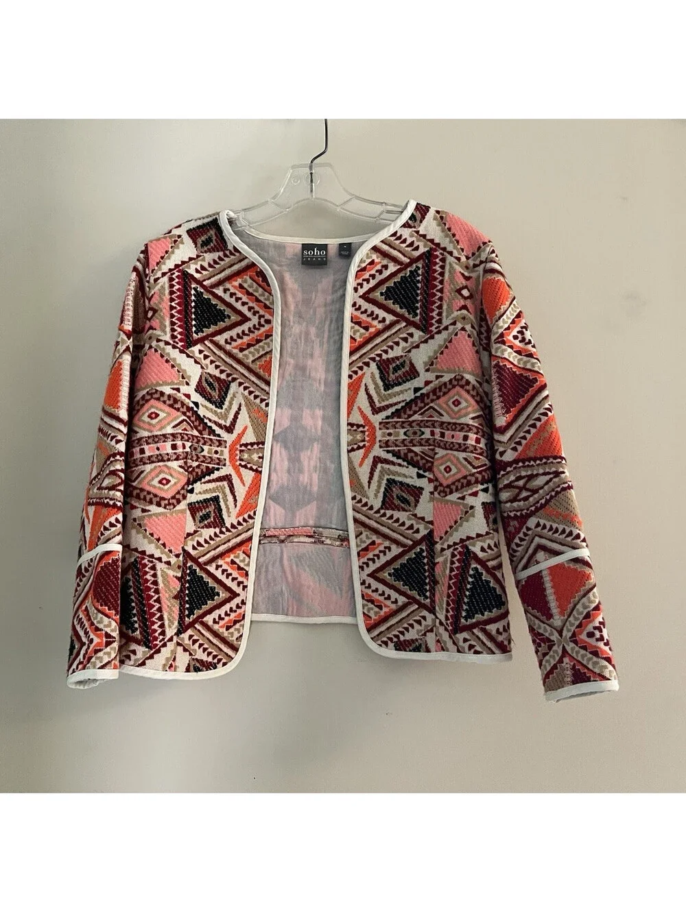 Soho Jeans Womens Medium Brown Orange Aztec Geometric Open Front Short Jacket